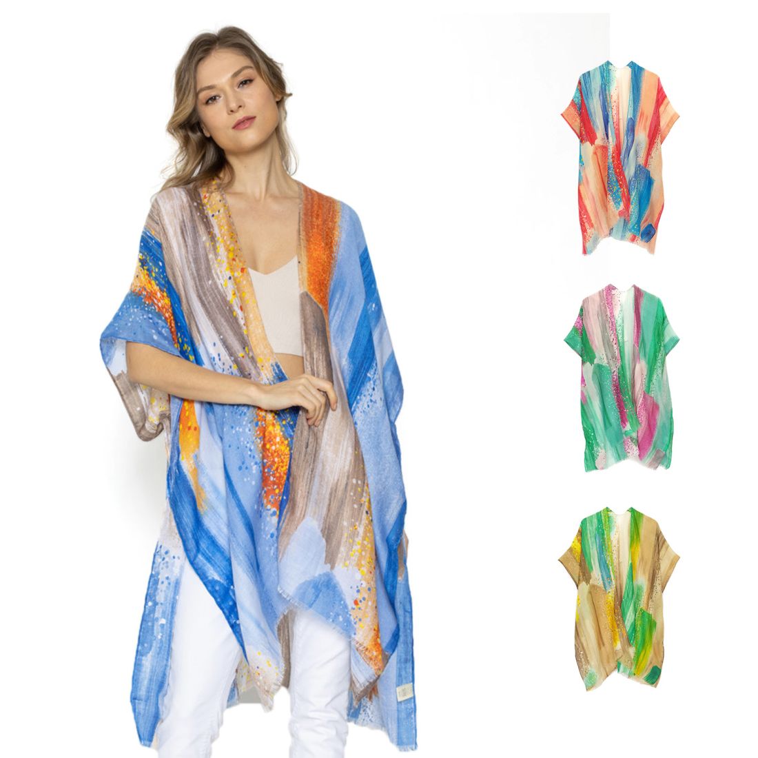 Empire Cove Womens Brush Stroke Print Kimono Shawl Wraps Beach Cover Ups Summer-Blue-