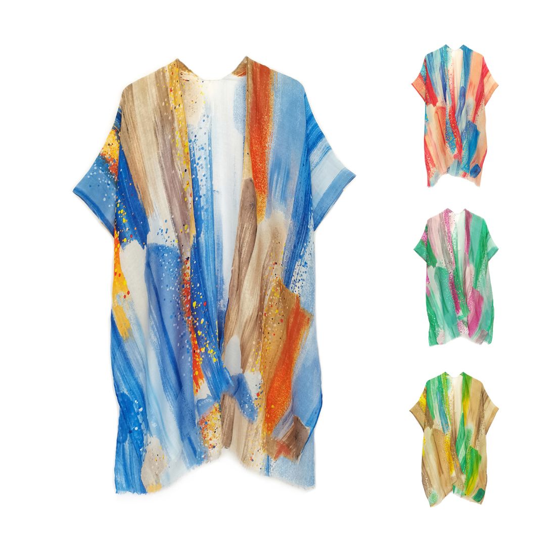 Empire Cove Womens Brush Stroke Print Kimono Shawl Wraps Beach Cover Ups Summer-Blue-