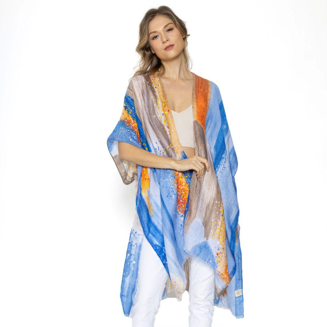 Empire Cove Womens Brush Stroke Print Kimono Shawl Wraps Beach Cover Ups Summer-Blue-