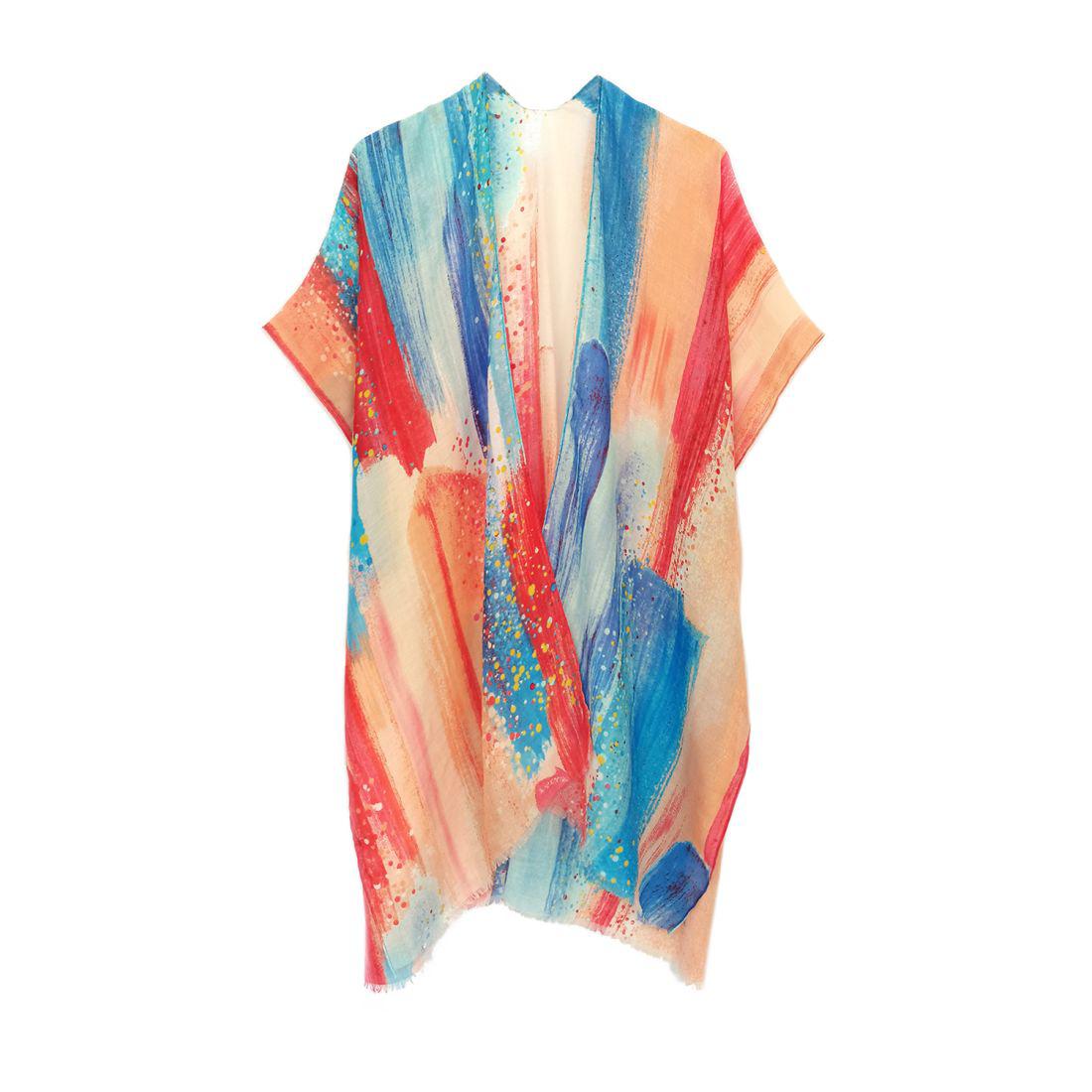 Empire Cove Womens Brush Stroke Print Kimono Shawl Wraps Beach Cover Ups Summer-Coral-