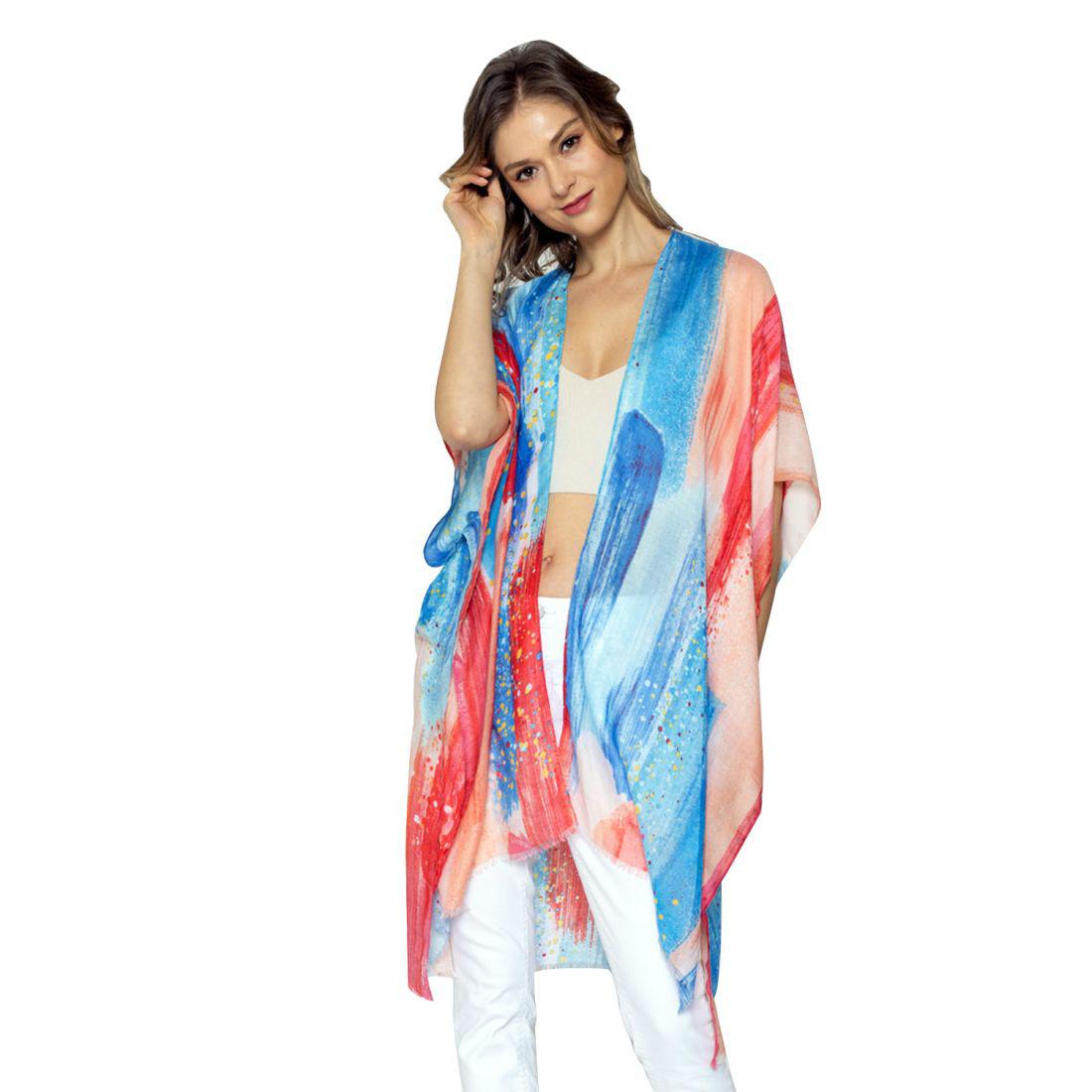 Empire Cove Womens Brush Stroke Print Kimono Shawl Wraps Beach Cover Ups Summer-Blue-