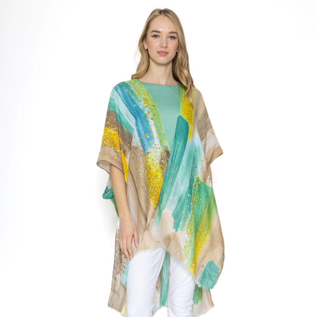 Empire Cove Womens Brush Stroke Print Kimono Shawl Wraps Beach Cover Ups Summer-Blue-