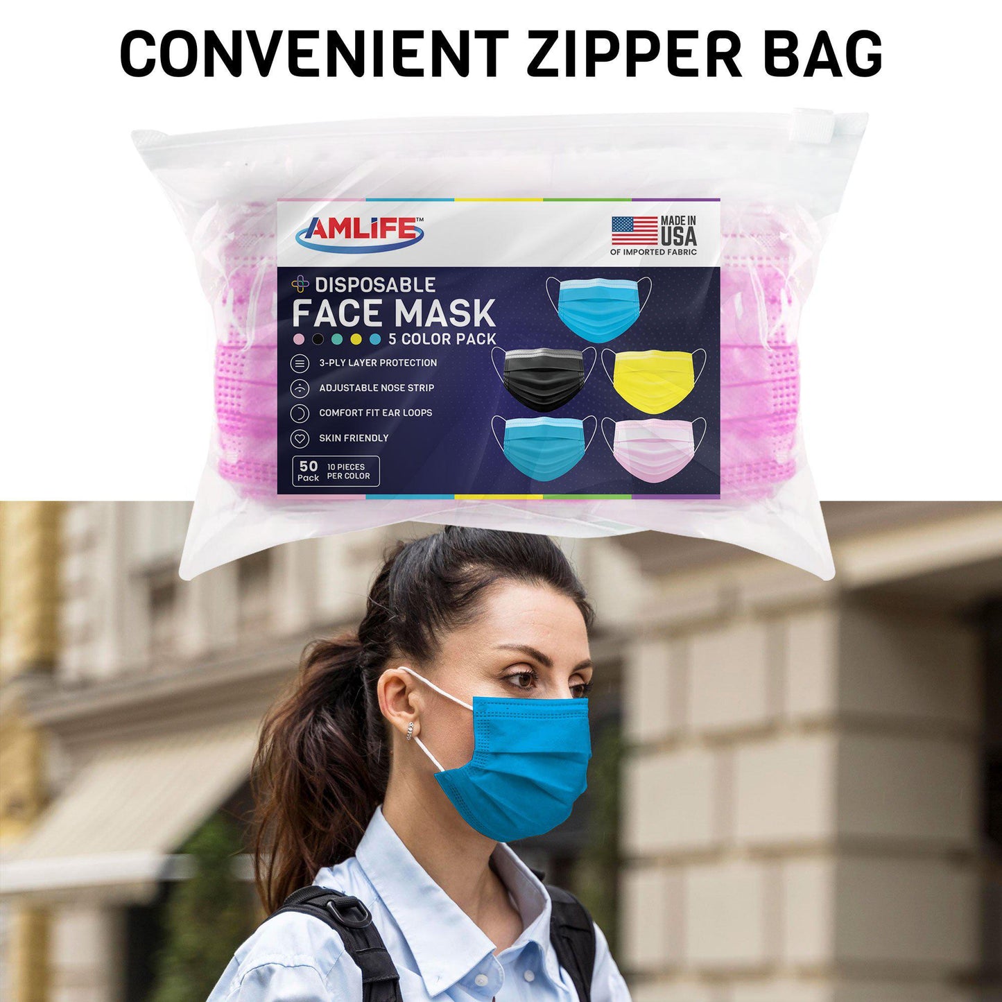 Amlife 50 Pack Disposable Face Masks 5 Colors 3-Ply - Made in USA with Imported Fabric-