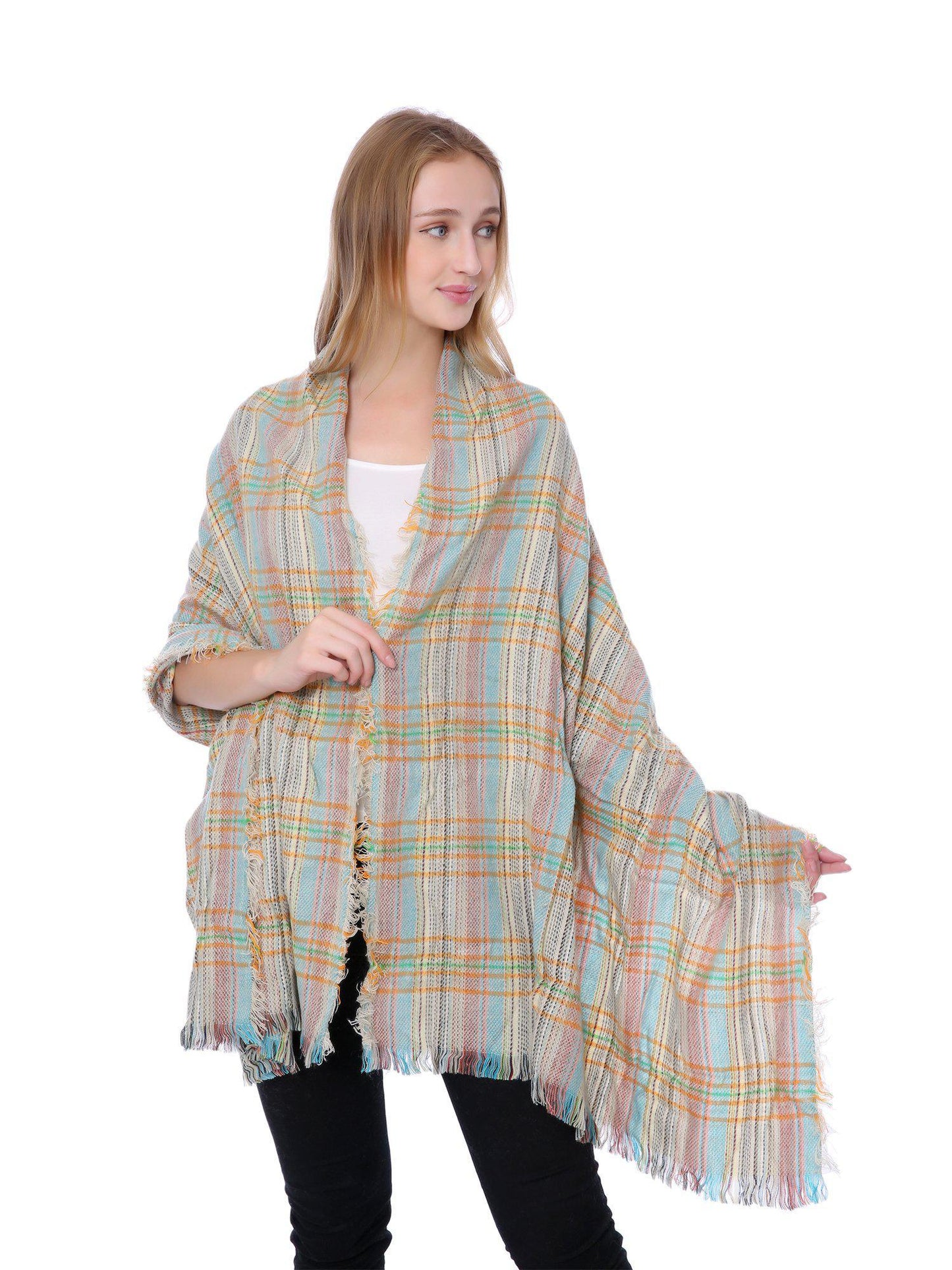 Casaba Stylish Blanket Scarves Wraps Shawls Heavy Warm for Winter Womens Mens Unisex-Light Blue-Relaxed-Plaid-