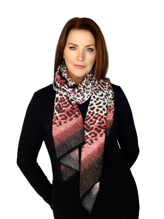 Casaba Womens Animal Leopard Skin Prints Sheer Scarves Scarf Shawls Light Wrap-Red-