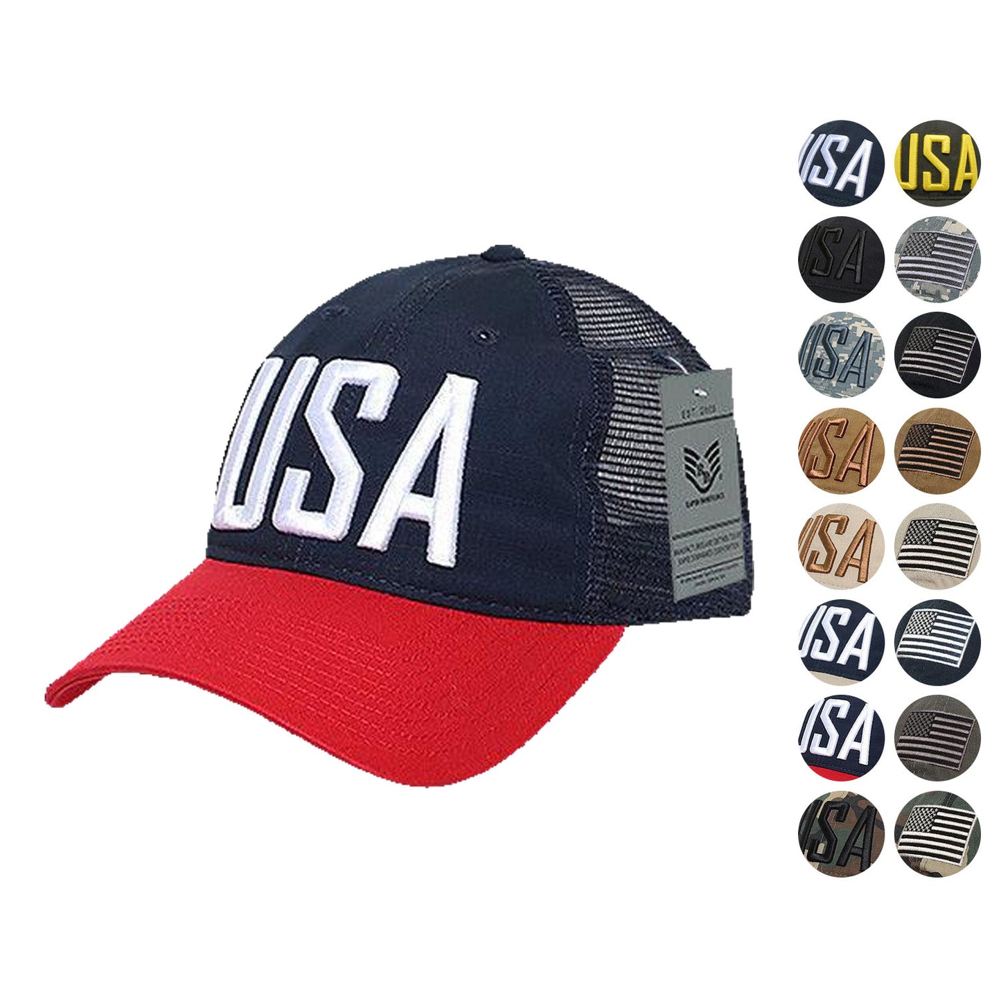 Rapid Dominance USA American Flag Text Ripstop 6 Panel Trucker Dad Caps Hats-USA-NAVY-