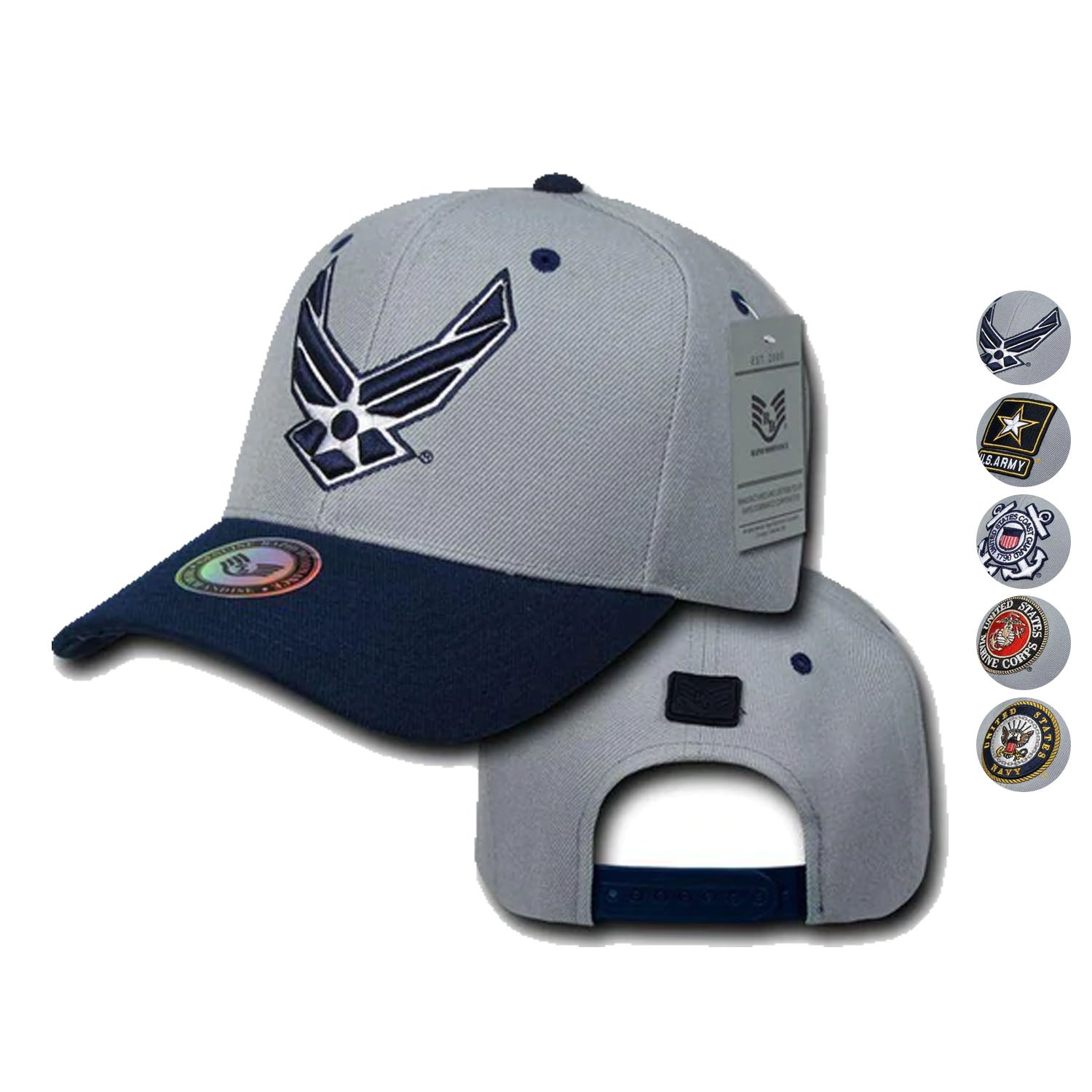 Military Air Force Navy Coast Guard Army Marines Workout Baseball Hats Caps-Air Force - Gray/Navy-