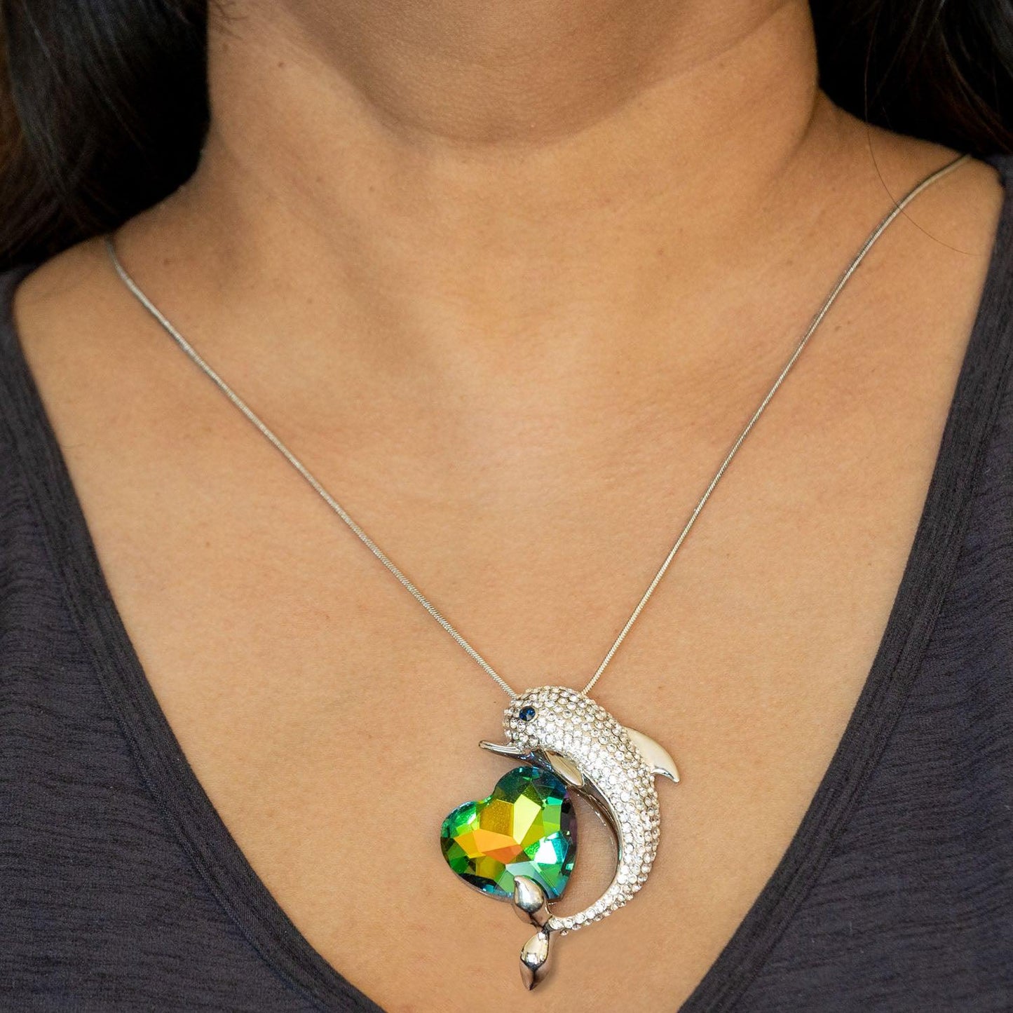 Empire Cove Dolphin Heart Pendant Necklace Silver Rhinestone Fashion Jewelry-