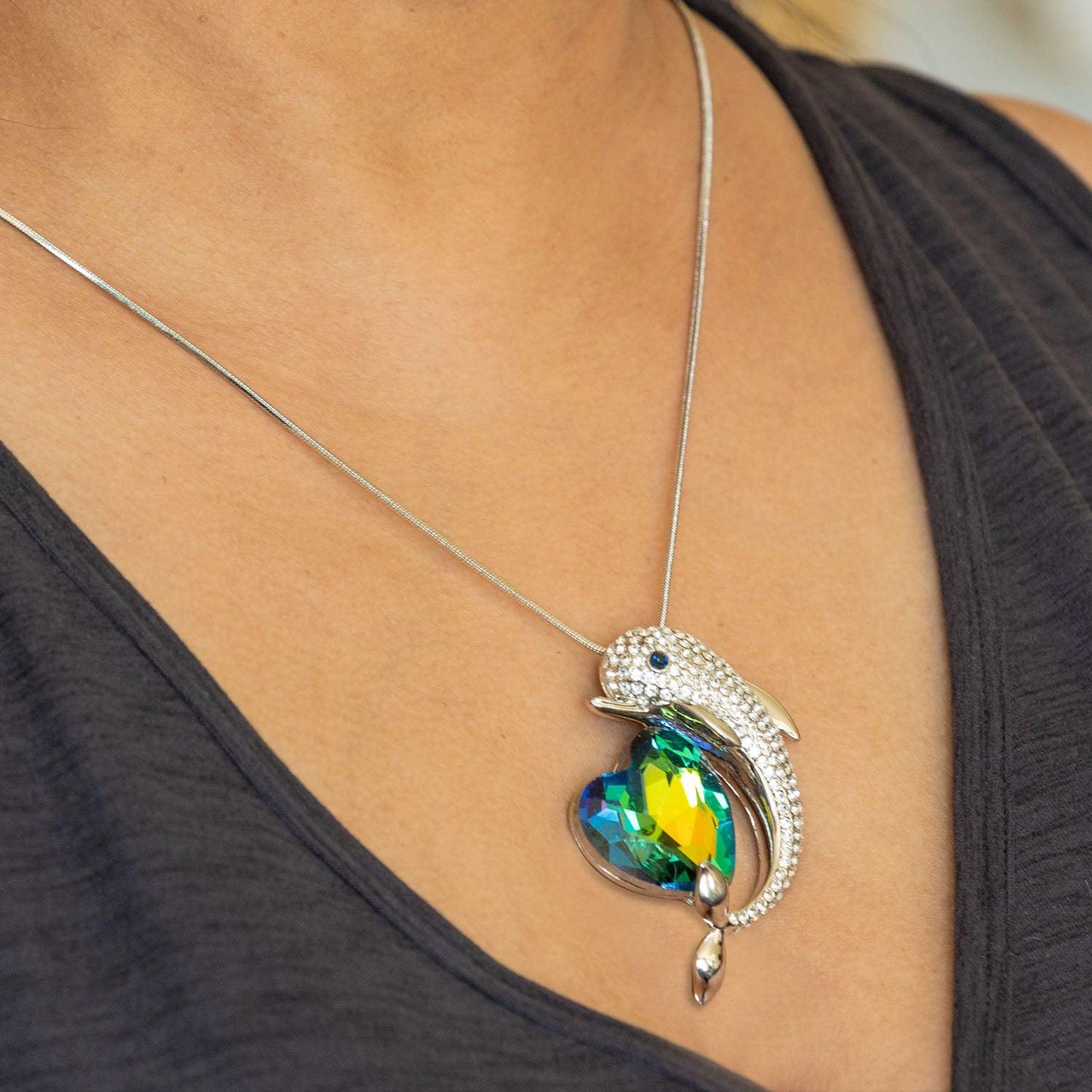 Empire Cove Dolphin Heart Pendant Necklace Silver Rhinestone Fashion Jewelry-