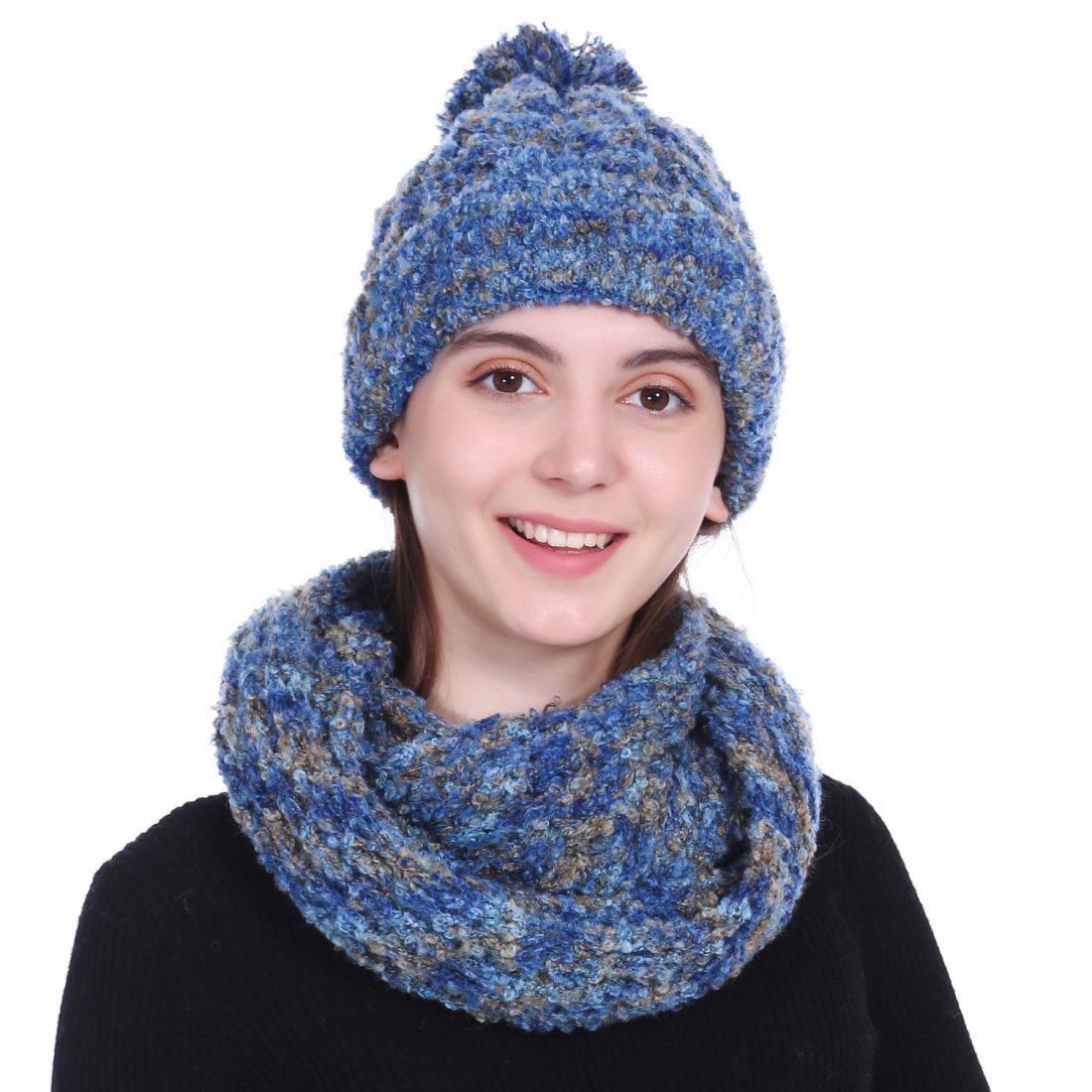 Empire Cove 2 Piece Knit Cuff Beanie Scarf Gift Set Pom Pom Winter-Gray-