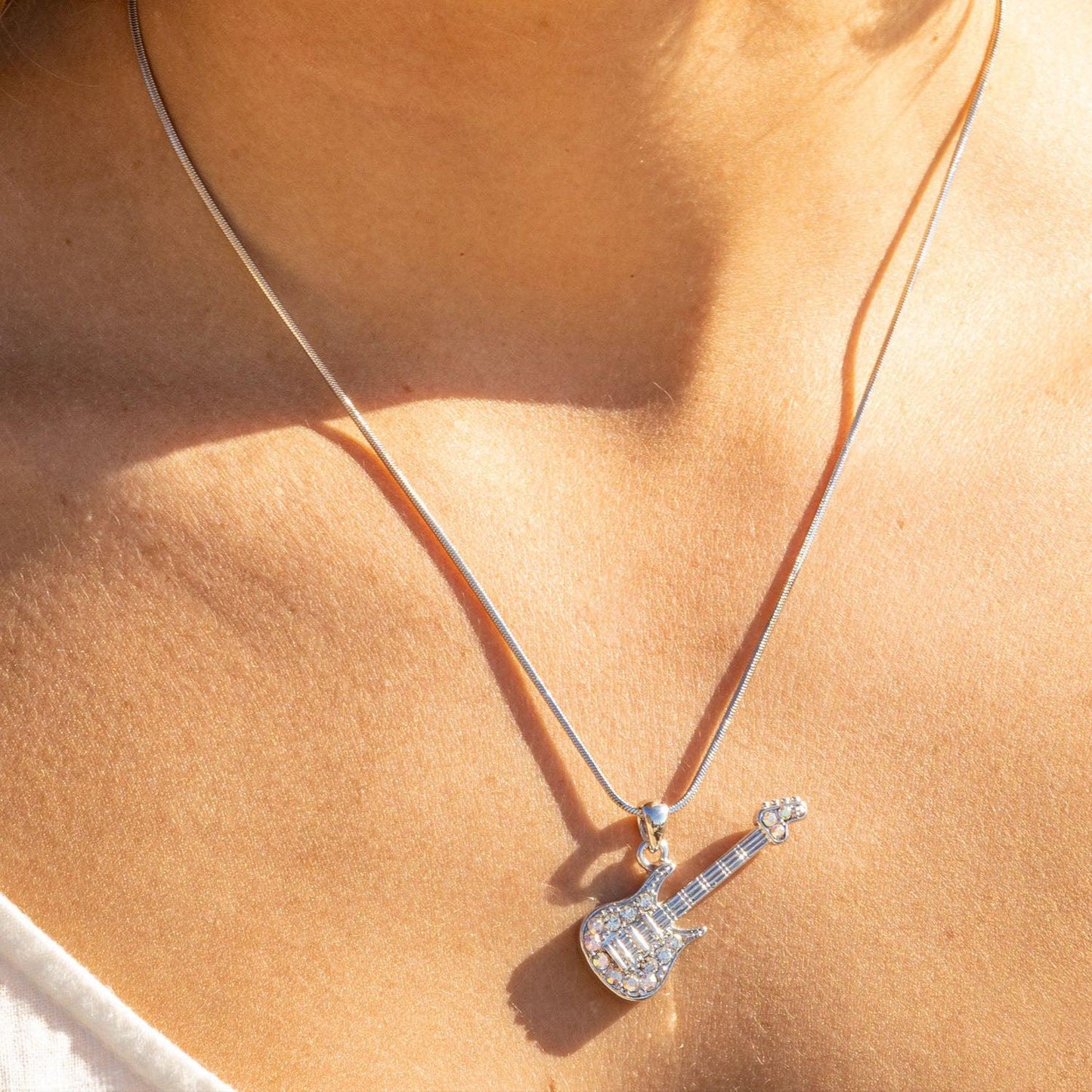 Empire Cove Guitar Pendant Necklace Silver Toned Rhinestone Fashion Jewelry-
