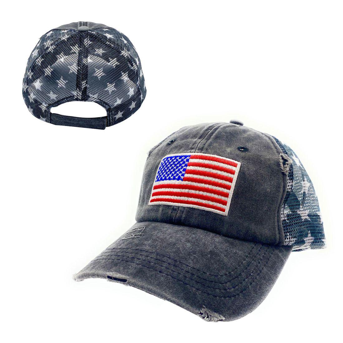 Empire Cove Distressed Washed USA Flag Stars Baseball Trucker Caps Patriotic Hat-Black-