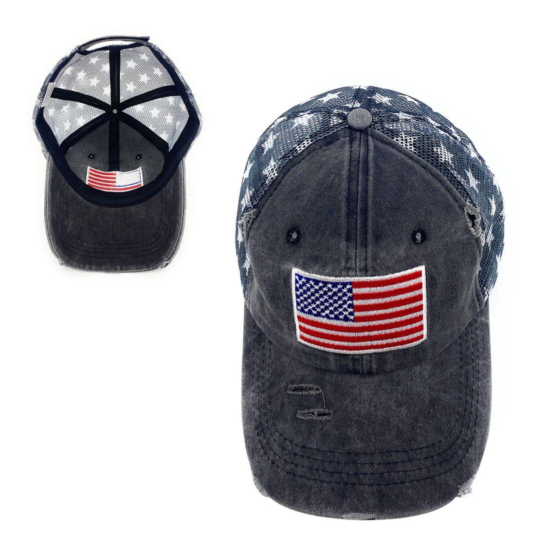 Empire Cove Distressed Washed USA Flag Stars Baseball Trucker Caps Patriotic Hat-Black-