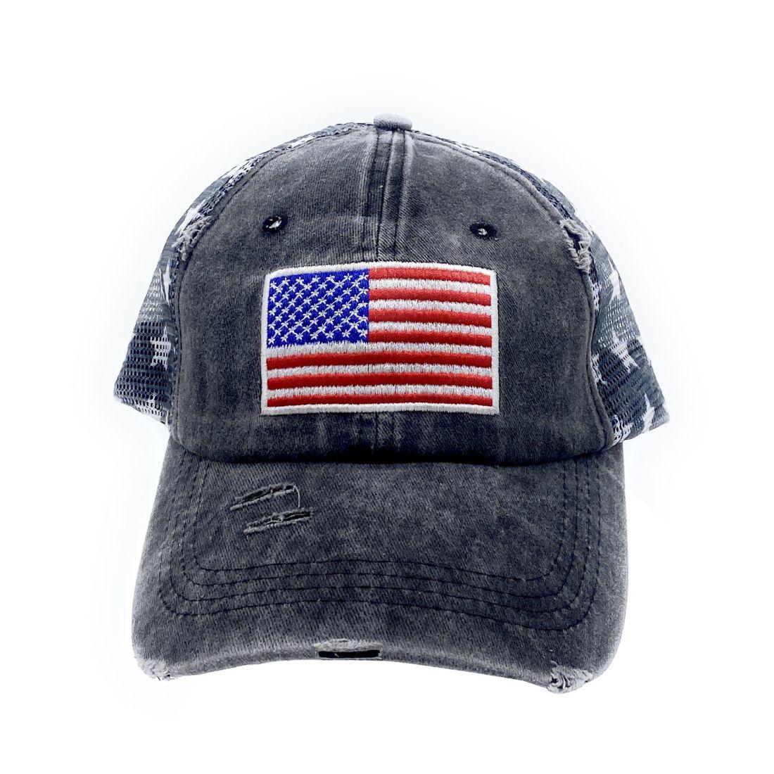 Empire Cove Distressed Washed USA Flag Stars Baseball Trucker Caps Patriotic Hat-Black-