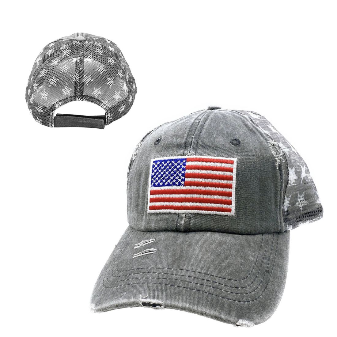 Empire Cove Distressed Washed USA Flag Stars Baseball Trucker Caps Patriotic Hat-Black-