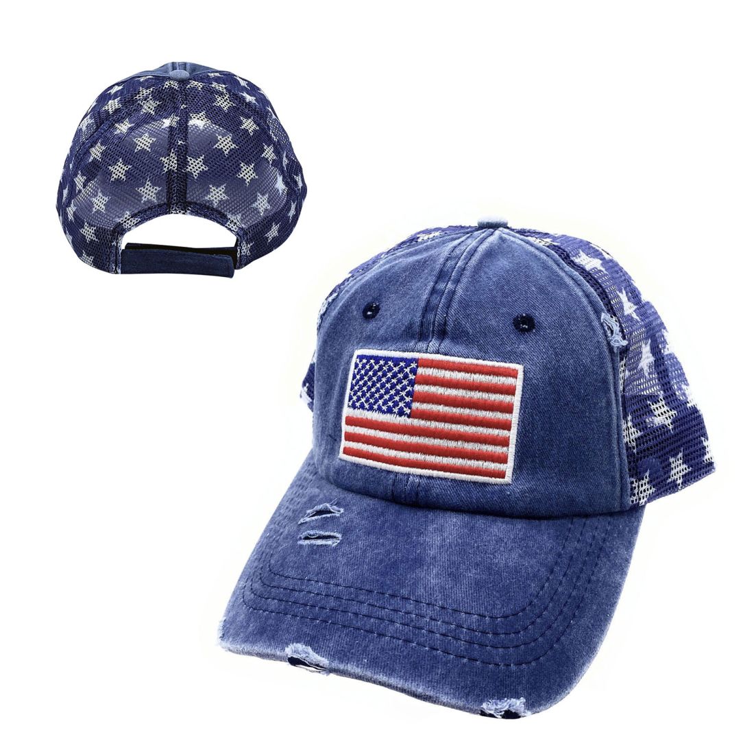 Empire Cove Distressed Washed USA Flag Stars Baseball Trucker Caps Patriotic Hat-Black-