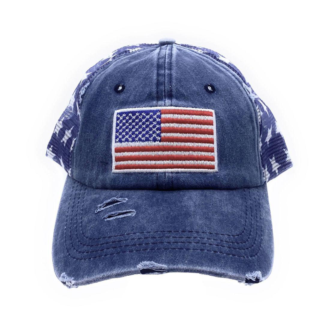 Empire Cove Distressed Washed USA Flag Stars Baseball Trucker Caps Patriotic Hat-Black-