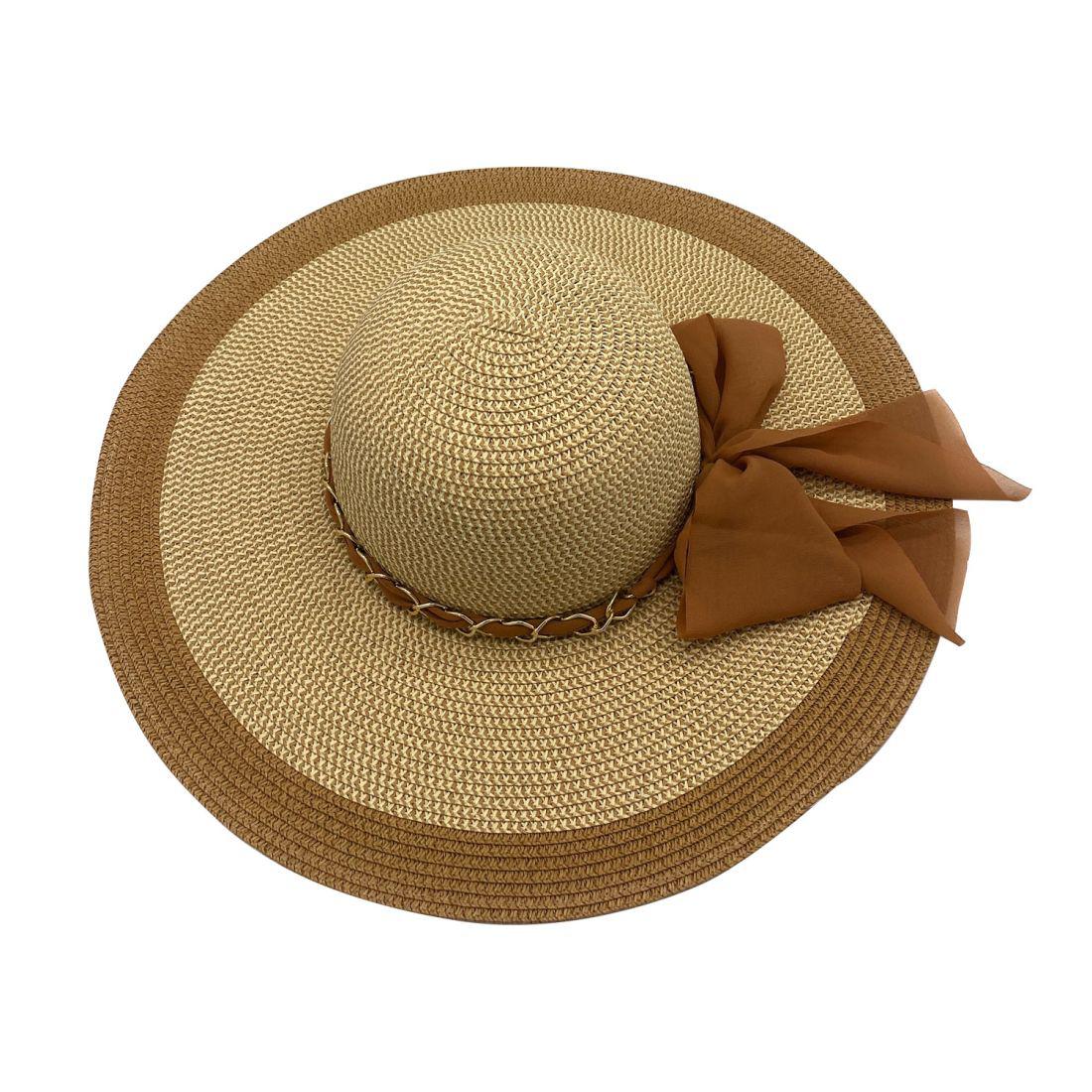 Empire Cove Womens Wide Brim Straw Hat Floppy Sun Hat Panama Fedora Summer-Chain Ribbon Tan-