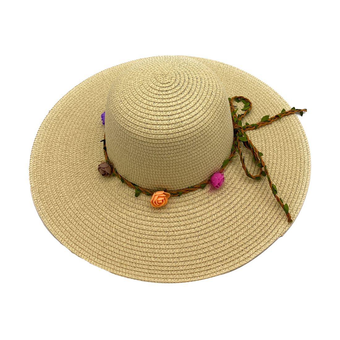 Empire Cove Womens Wide Brim Straw Hat Floppy Sun Hat Panama Fedora Summer-Flower Beige-