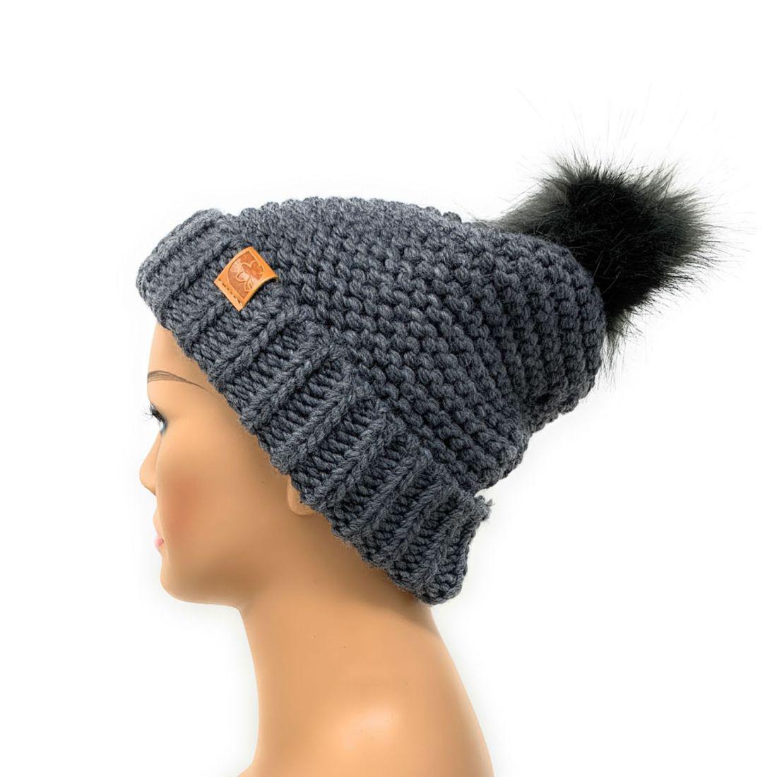 Empire Cove Winter Warm Solid Knit Cuff Beanie with Pom Pom Womens-Black-