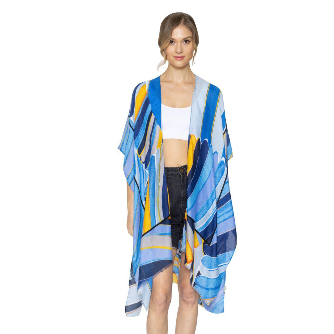 Empire Cove Womens Abstract Print Kimono Shawl Wraps Beach Cover Ups Summer-Blue-