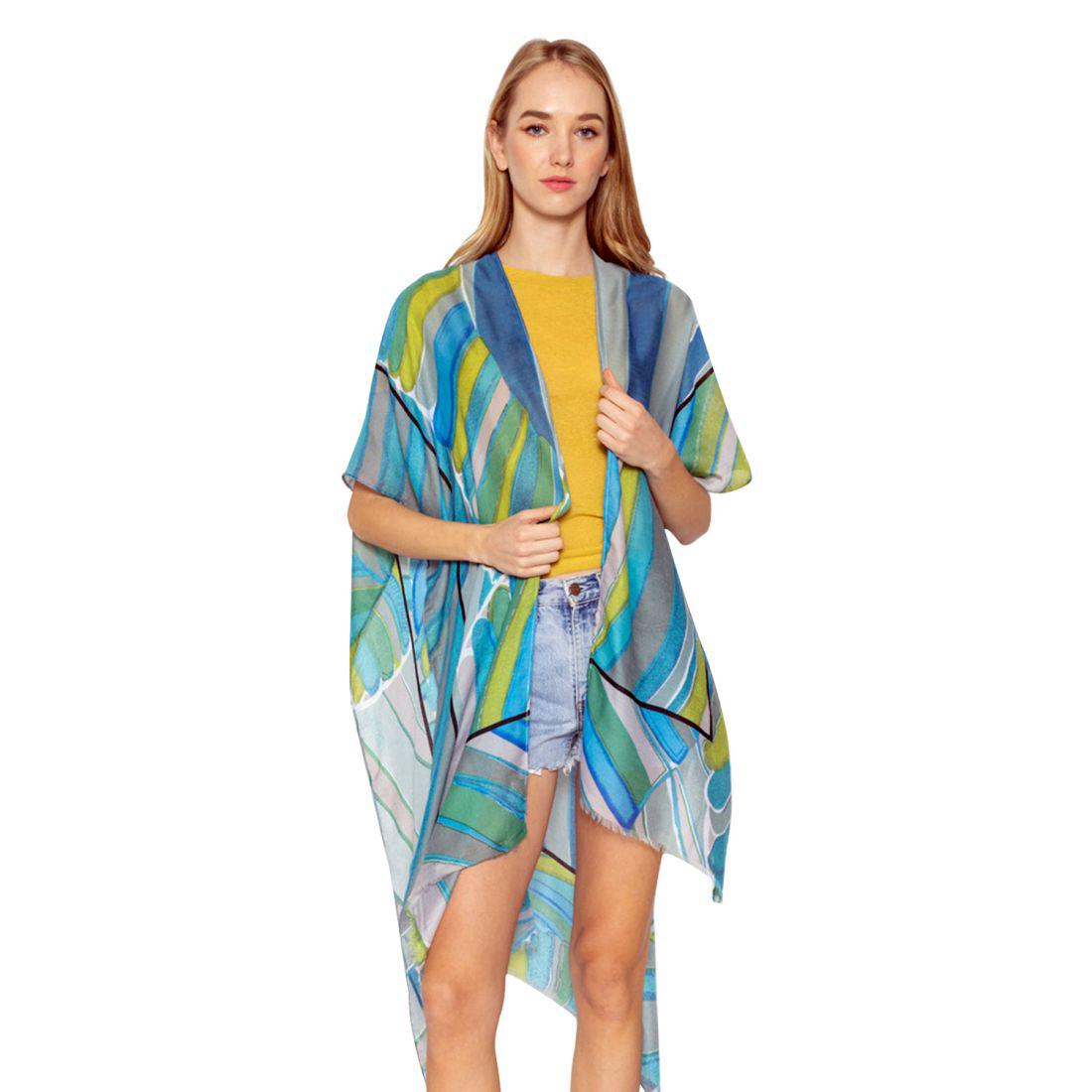 Empire Cove Womens Abstract Print Kimono Shawl Wraps Beach Cover Ups Summer-Blue-