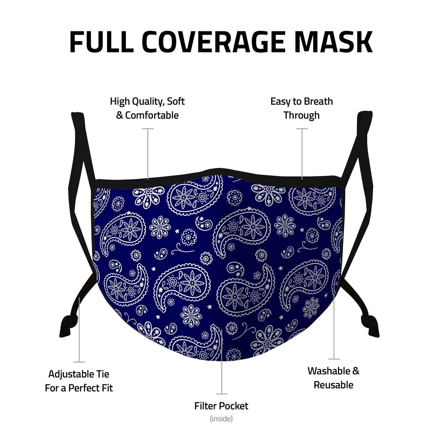 Casaba 3 Pack Paisley Print Face Masks Unisex Fashion Cotton Poly Adjustable Washable Reusable Double Layer Pocket Filter-