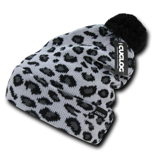 Atakora Fully Lined Youth Leopard White Beanies Pom Style Winter Caps Hats Ski-