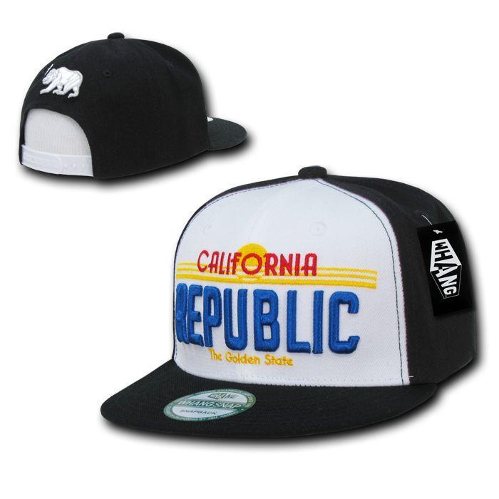 California Cali Republic Bear License Plate Flat Bill Snapback Hats Caps-White/Black-