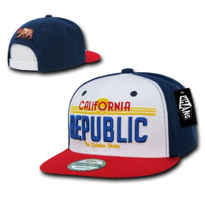 California Cali Republic Bear License Plate Flat Bill Snapback Hats Caps-White/Red/Navy-