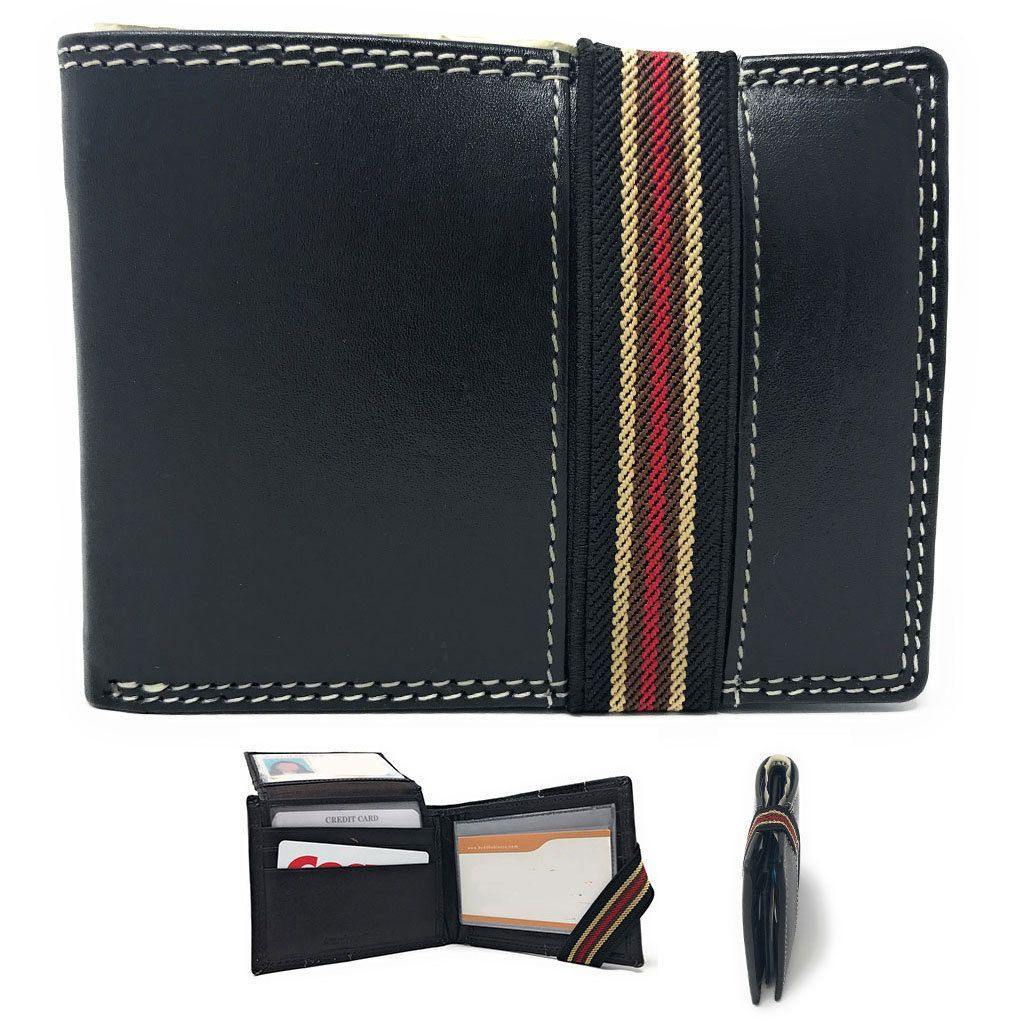 Casaba Genuine Leather Bifold Mens Womens Wallet with Security Band Two Cash Slots-Black-