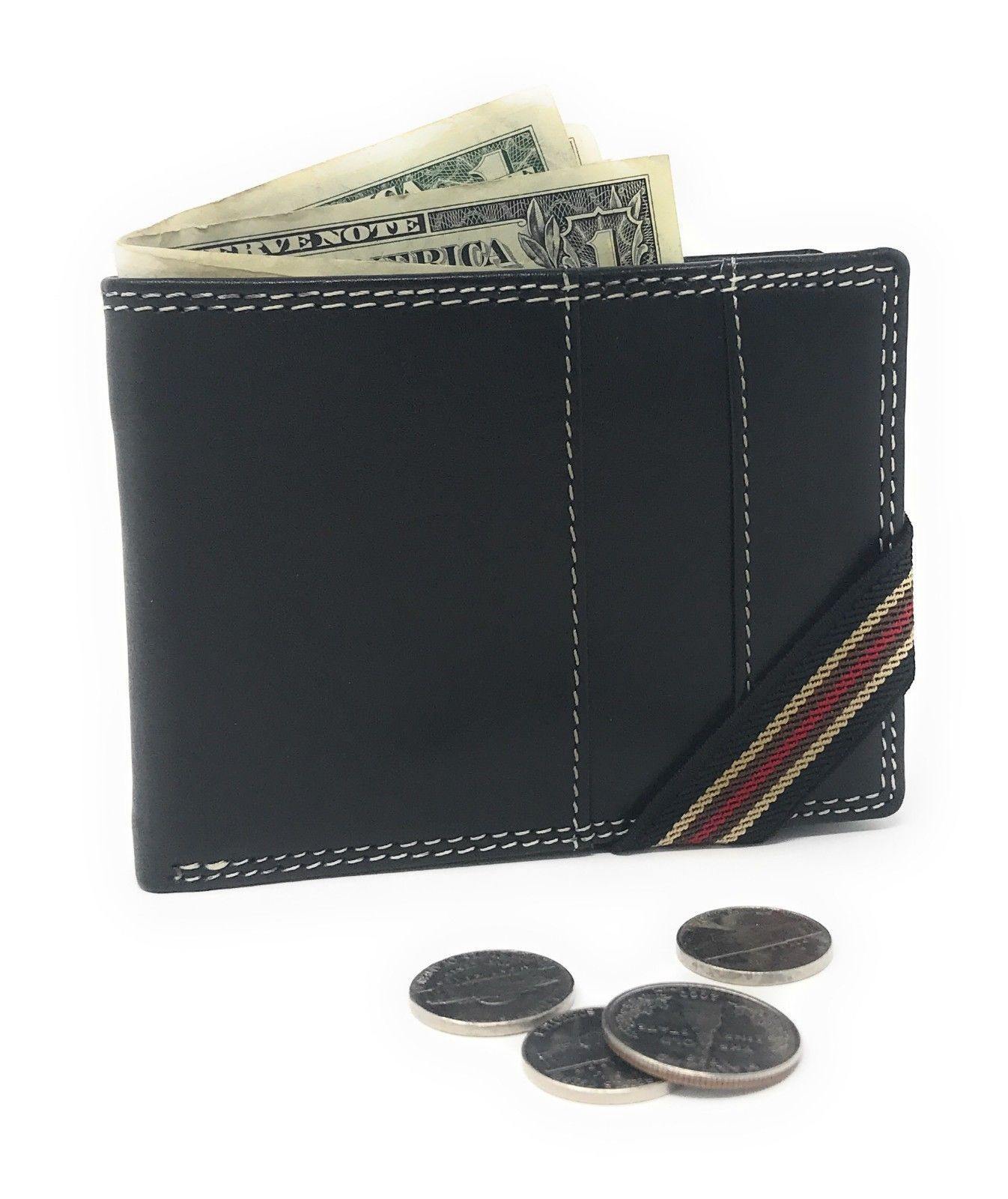 Casaba Genuine Leather Bifold Mens Womens Wallet with Security Band Two Cash Slots-Black-
