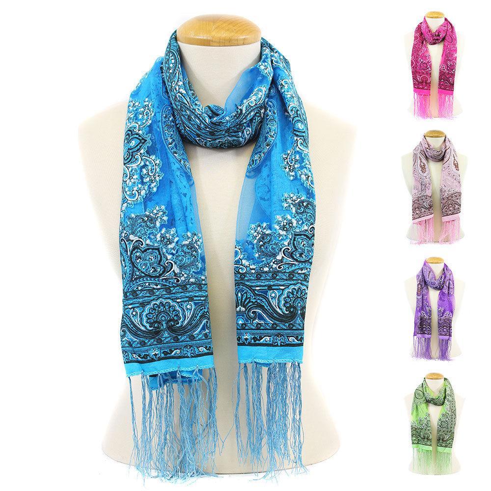 Casaba Women's Elegant Paisley Sheer Scarf Scarves Intricate Brocade Tapestry-Green-