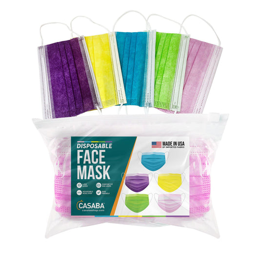 Casaba Face Mask Packs Disposable 3-Ply Filter - Made in USA with Imported Fabric - 5 Multi-Color-50 PACK-