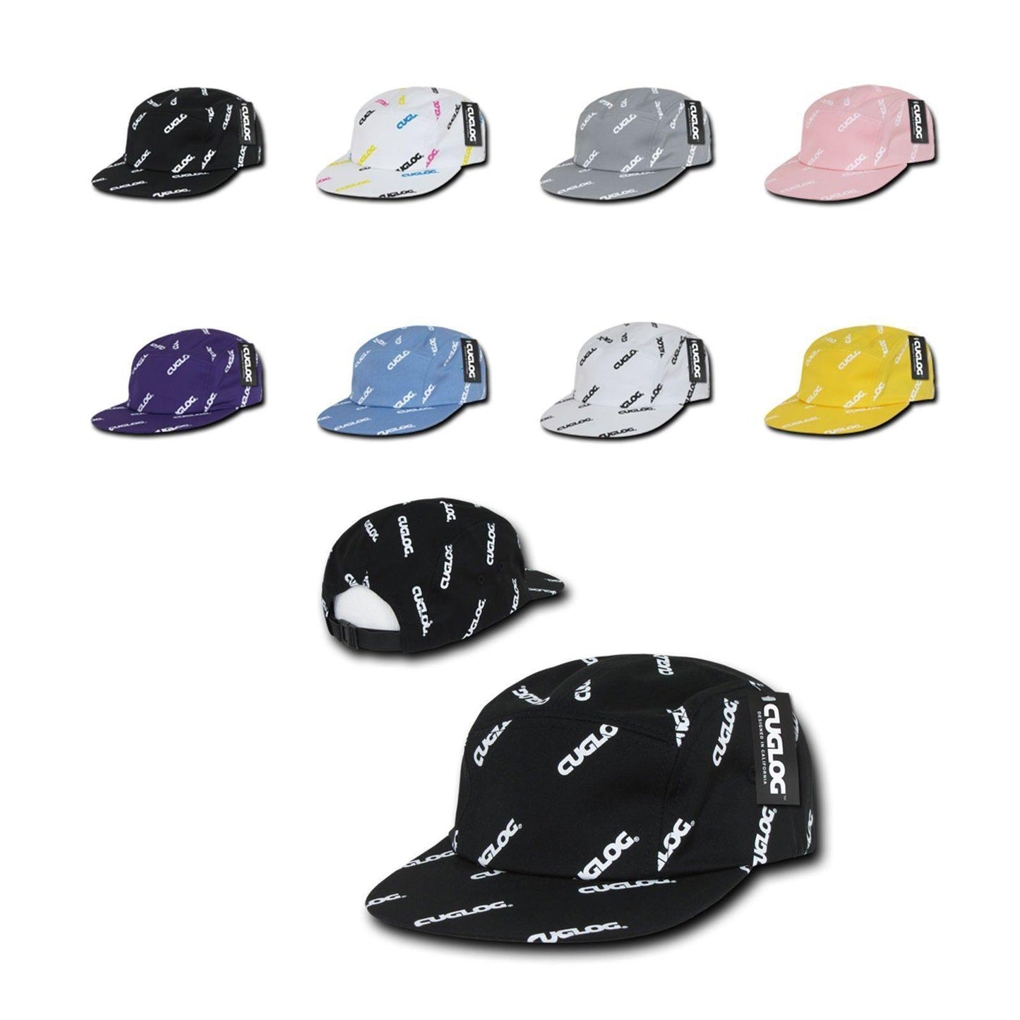 Cuglog Logo Printed 5 Panel Racer Racing Jockey Biker Caps Hats-Black / White-