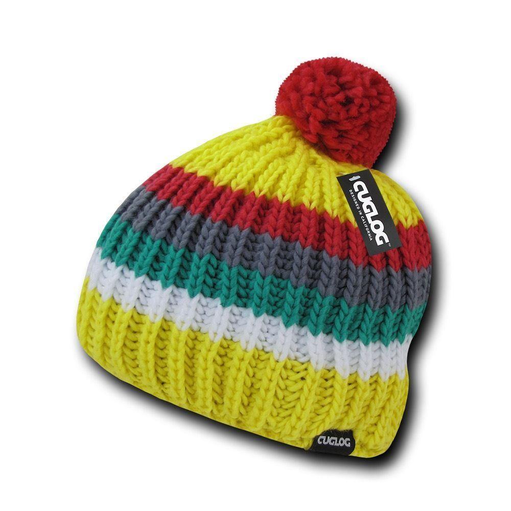 Cuglog Mont Ventoux Thick Cable Knit Stripped Beanies Big Fuzzy Pom Style Winter-GREY/BLACK-