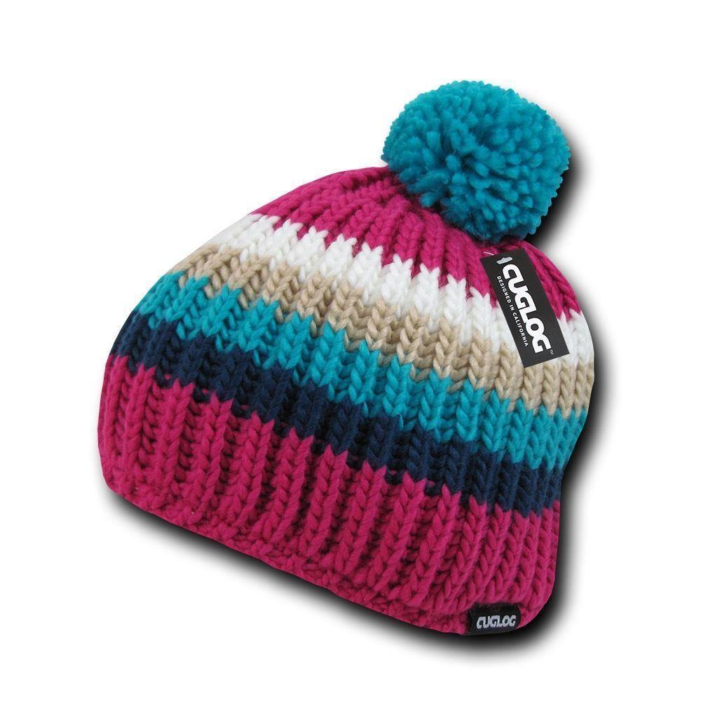 Cuglog Mont Ventoux Thick Cable Knit Stripped Beanies Big Fuzzy Pom Style Winter-GREY/BLACK-