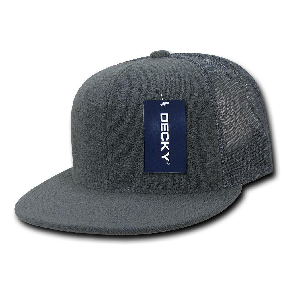 Decky 6 Panel Flat Bill Terry Trucker Hats Caps High Crown Snapback-Black-