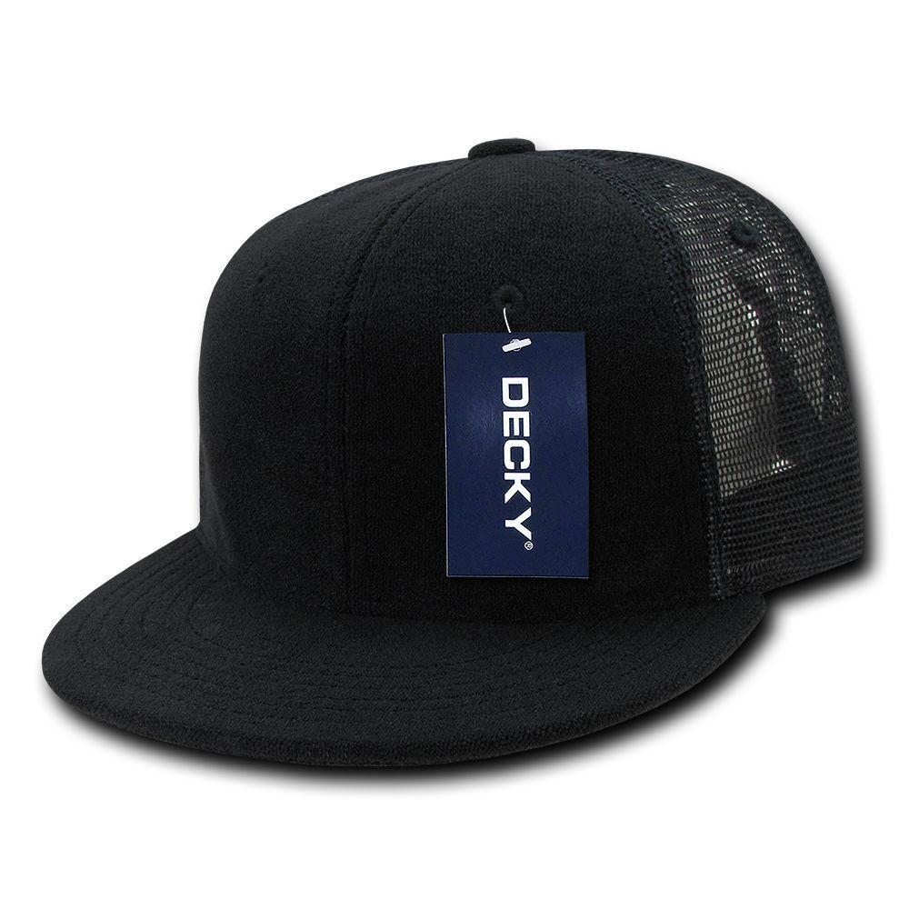 Decky 6 Panel Flat Bill Terry Trucker Hats Caps High Crown Snapback-Black-
