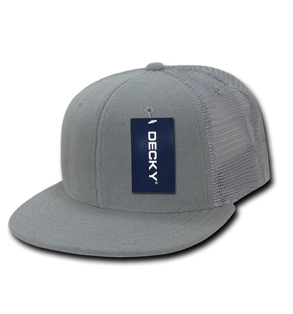 Decky 6 Panel Flat Bill Terry Trucker Hats Caps High Crown Snapback-Black-