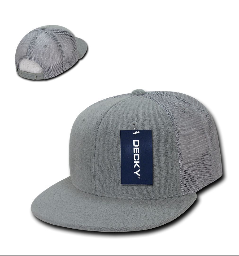 Decky 6 Panel Flat Bill Terry Trucker Hats Caps High Crown Snapback-Black-