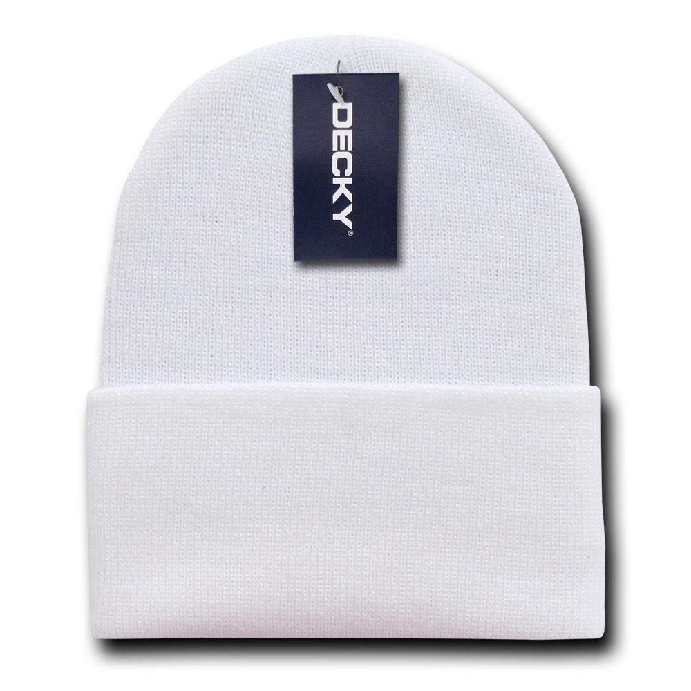 Decky Beanies Cuffed Knit Ski Skull Caps Hats Snug Warm Winter Unisex-White-