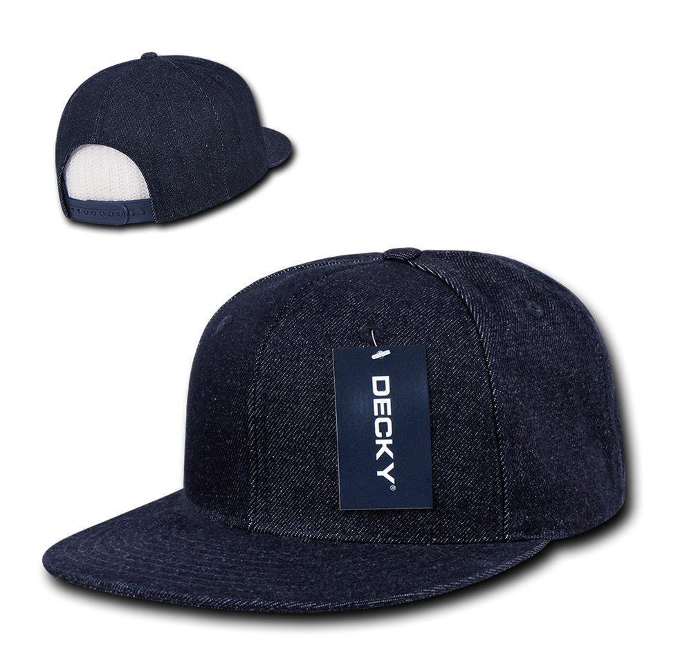 Decky Denim High Crown Snapback Cotton 6 Panel Flat Bill Hats Caps-Black-