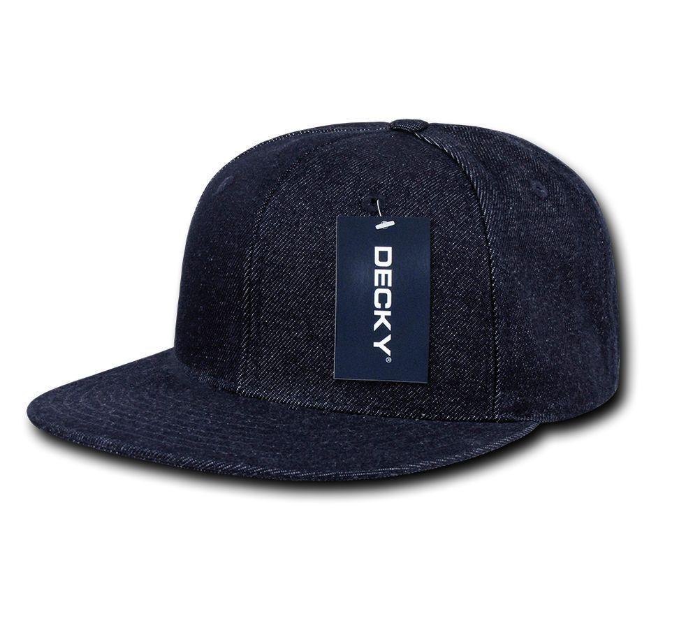 Decky Denim High Crown Snapback Cotton 6 Panel Flat Bill Hats Caps-Black-