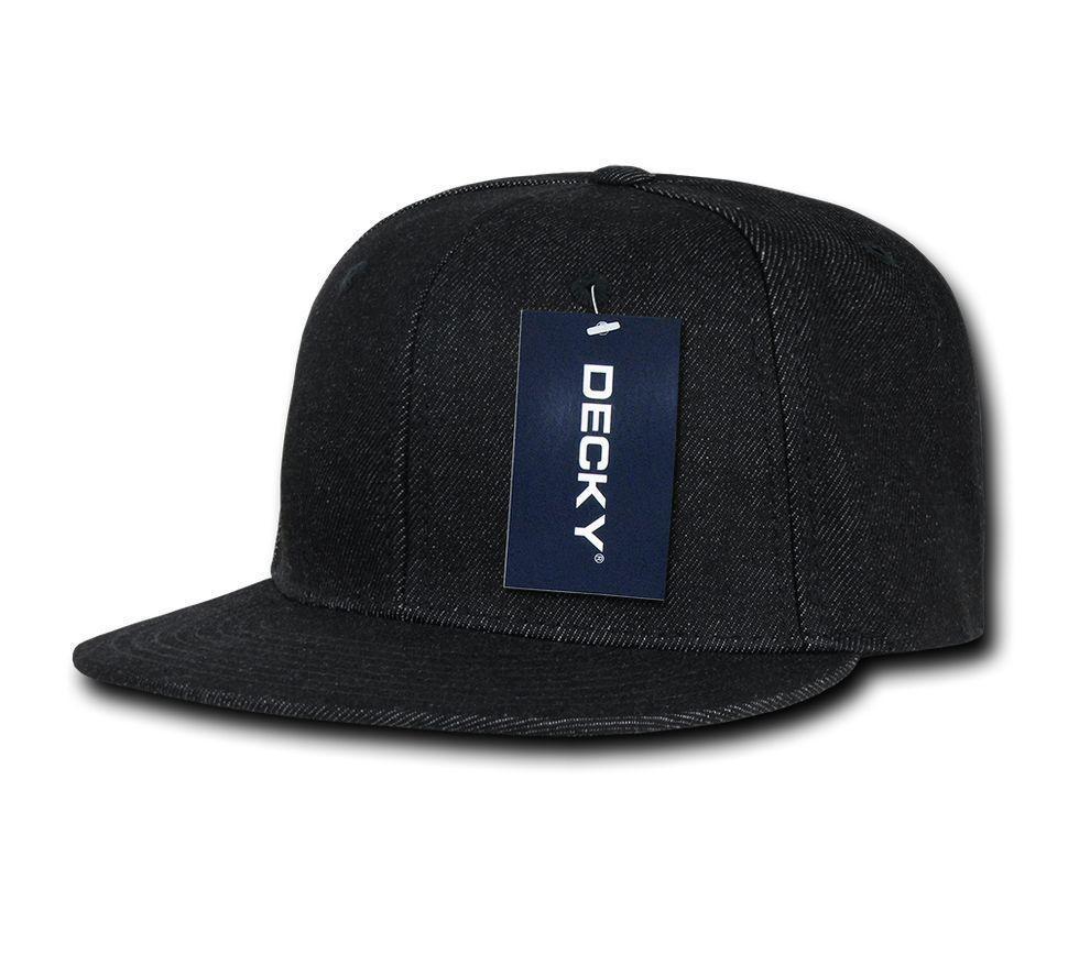 Decky Denim High Crown Snapback Cotton 6 Panel Flat Bill Hats Caps-Black-