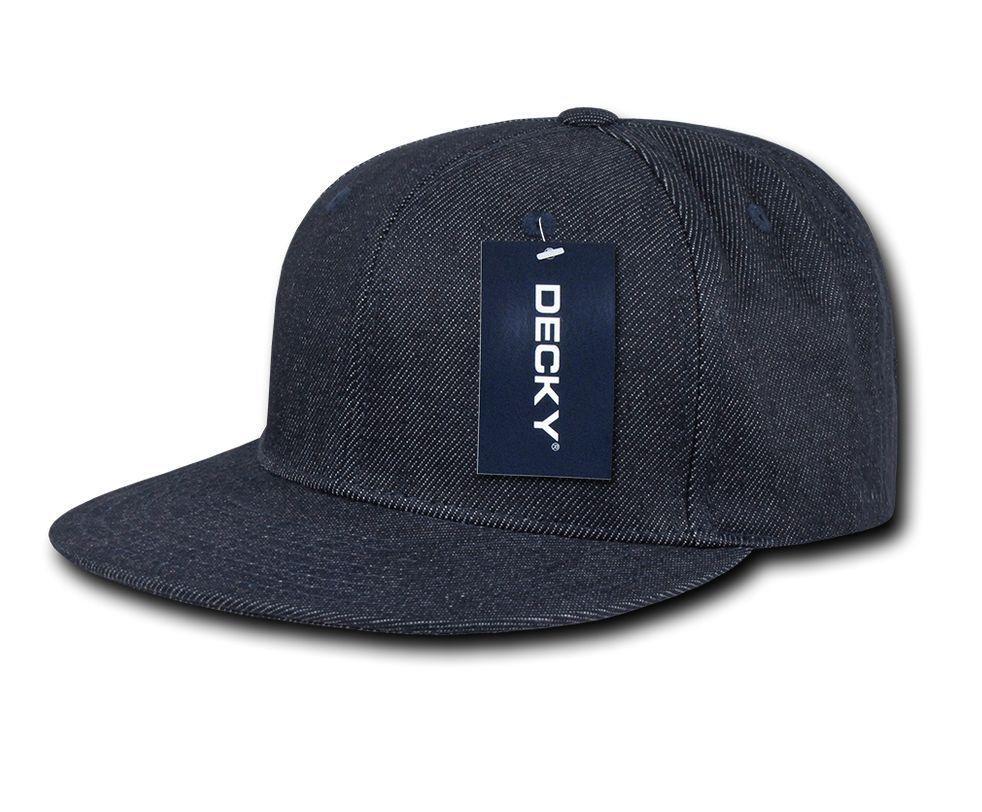 Decky Denim High Crown Snapback Cotton 6 Panel Flat Bill Hats Caps-Black-