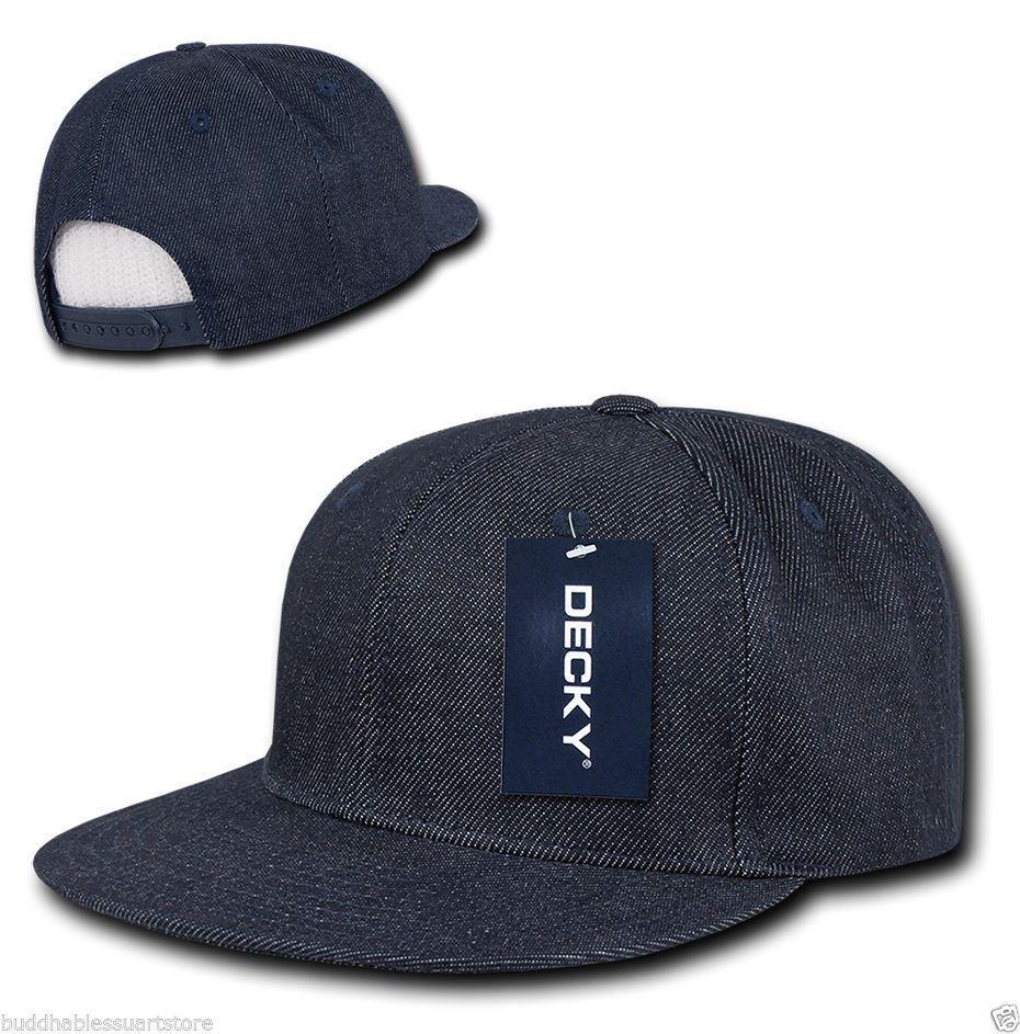 Decky Denim High Crown Snapback Cotton 6 Panel Flat Bill Hats Caps-Black-