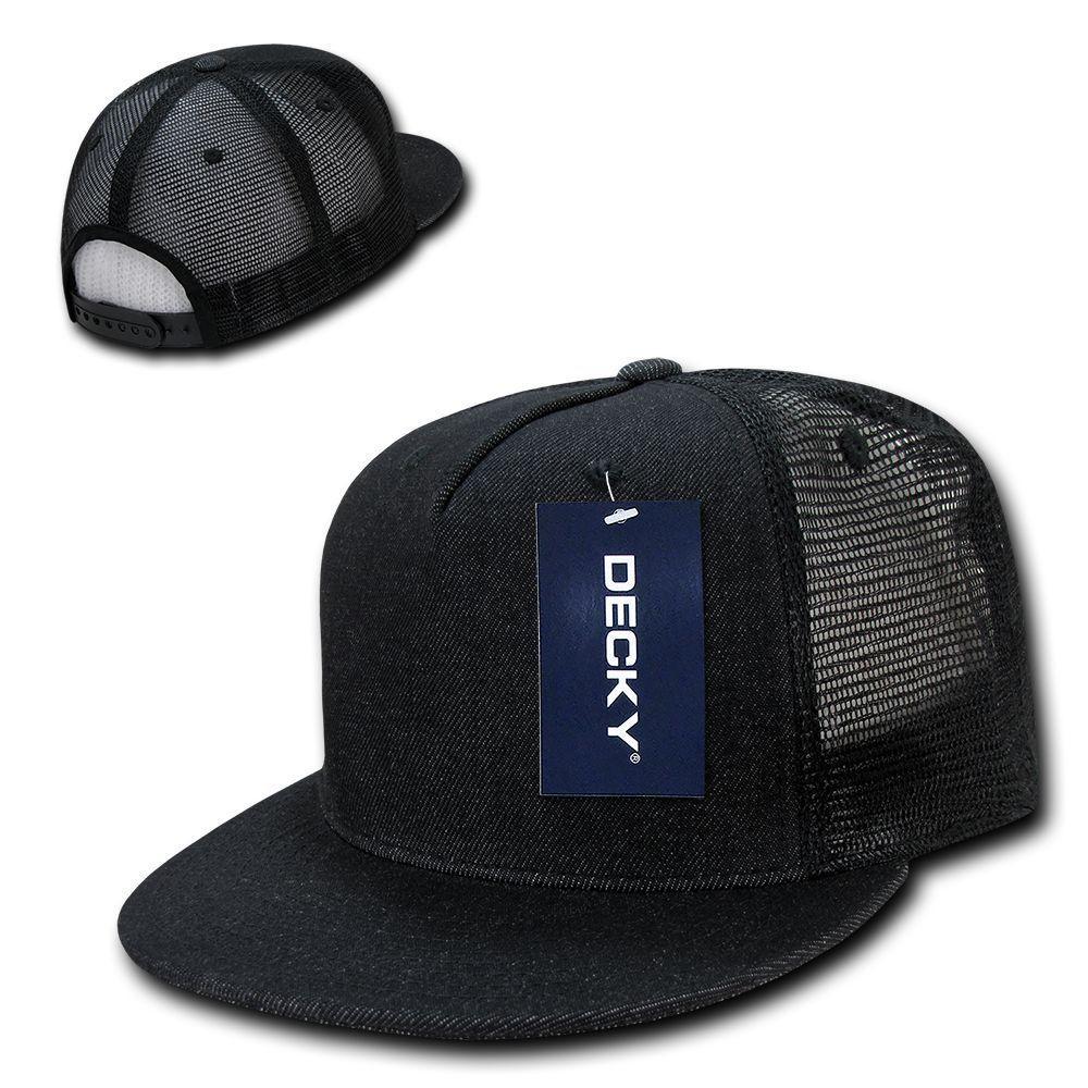 Decky Denim Material Retro Flat Bill Trucker 5 Panel Baseball Caps Hats Unisex-BLACK-