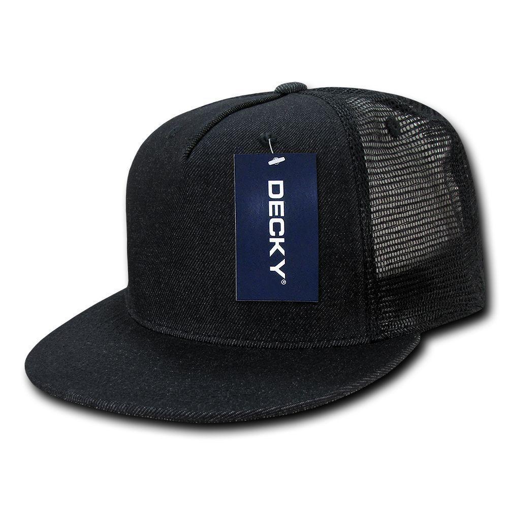 Decky Denim Material Retro Flat Bill Trucker 5 Panel Baseball Caps Hats Unisex-BLACK-