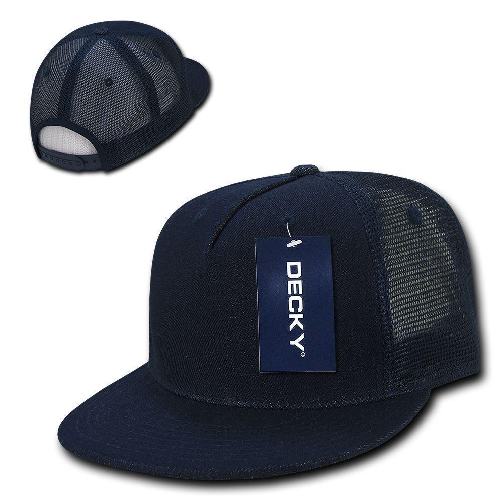 Decky Denim Material Retro Flat Bill Trucker 5 Panel Baseball Caps Hats Unisex-NAVY-